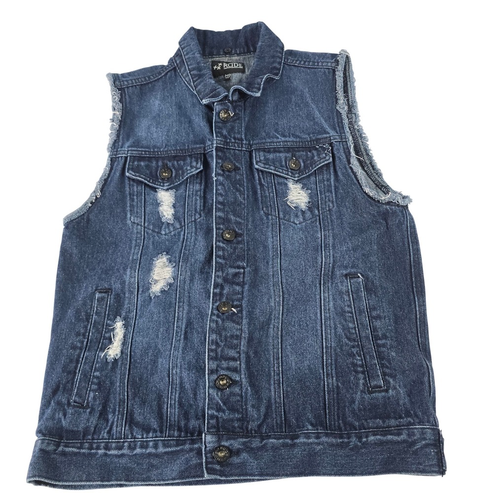 Rude Distressed‎ Denim Vest Dark Wash Frayed Sleeveless Jacket Mens Medium